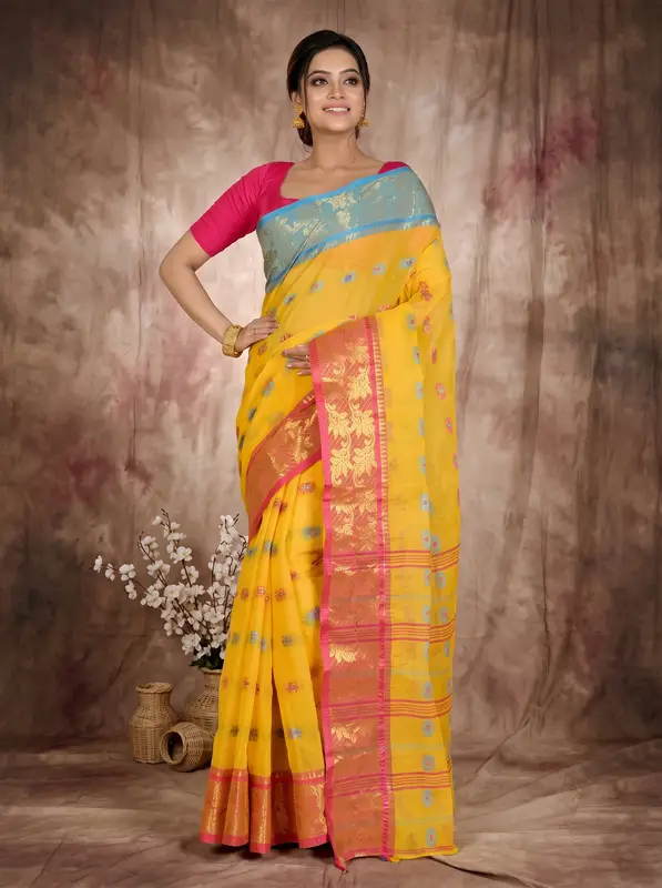 DipDiya Pure Cotton Yellow Dui Has Wrapped in Heritage Tant Sarees
