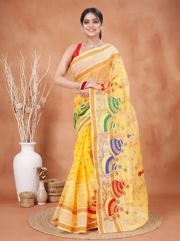DipDiya Pure Cotton Yellow Embi Debdash Ghot Tradition in Every Thread Embroidery Tant Sarees