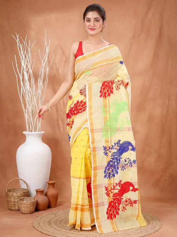 DipDiya Pure Cotton Yellow Embi Debdash Moyur Artisan Crafted Embroidery Tant Sarees