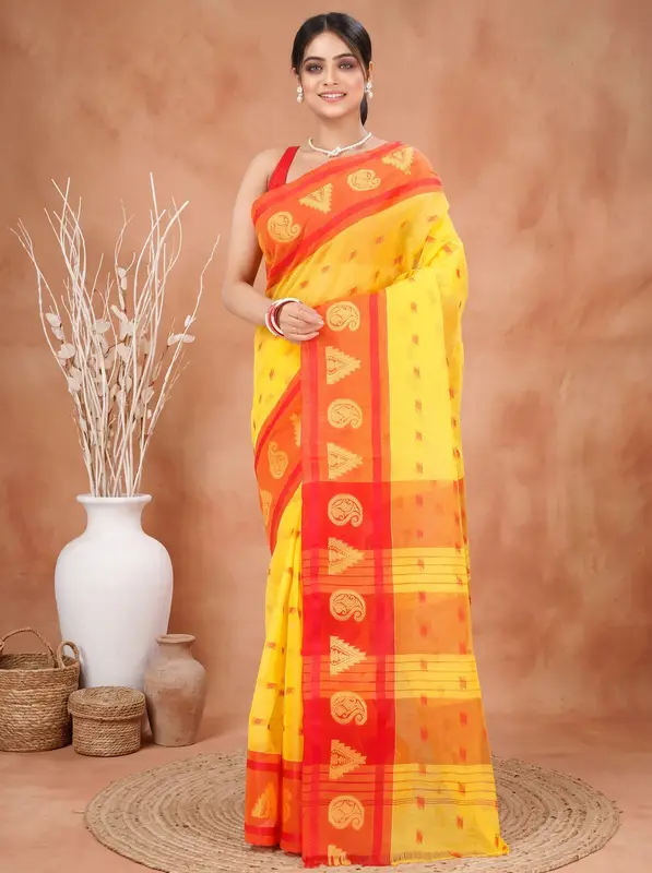 DipDiya Pure Cotton Yellow Emma Border Heritage Elegance Tant Sarees