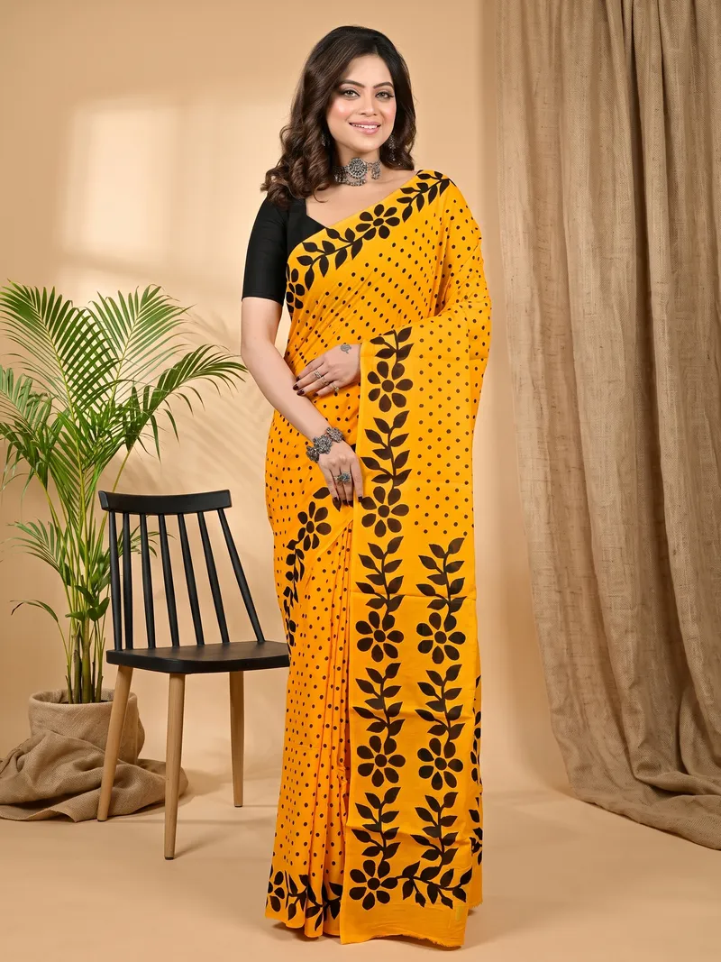 DipDiya Pure Cotton Yellow Febuitwo Classic Bengali Printed Handloom Sarees