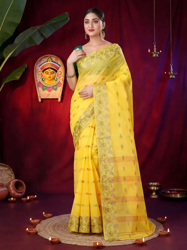 DipDiya Pure Cotton Yellow Gopika Handcrafted Elegance Tant Sarees