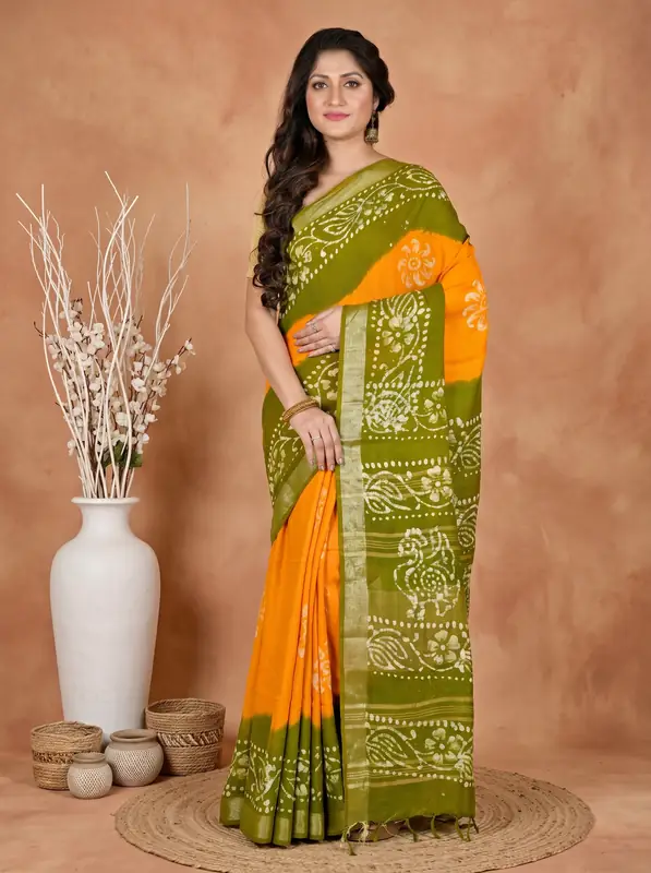 DipDiya Pure Cotton Yellow Green Batikato Grace of Bengal Batik Print Sarees
