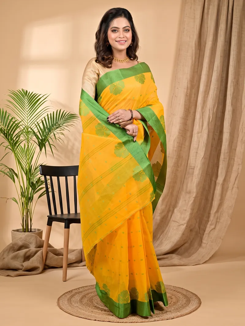 DipDiya Pure Cotton Yellow Green Fipani Tradition in Every Thread Tant Sarees