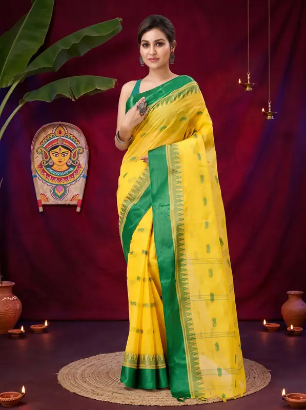 DipDiya Pure Cotton Yellow Green Lagan Grace of Bengal Tant Sarees