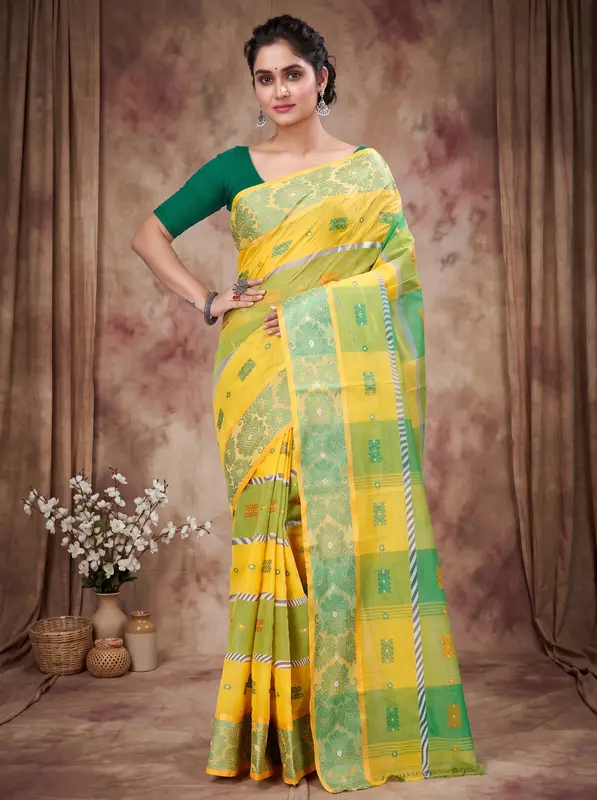 DipDiya Pure Cotton Yellow Green RajSahi Regal Bengali Tant Sarees