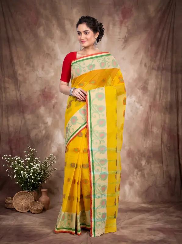 DipDiya Pure Cotton Yellow HapChaka Bengali Heritage Tant Sarees