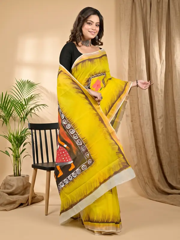 DipDiya Pure Cotton Yellow Hataka The Bengali Classics Hand Painted Sarees