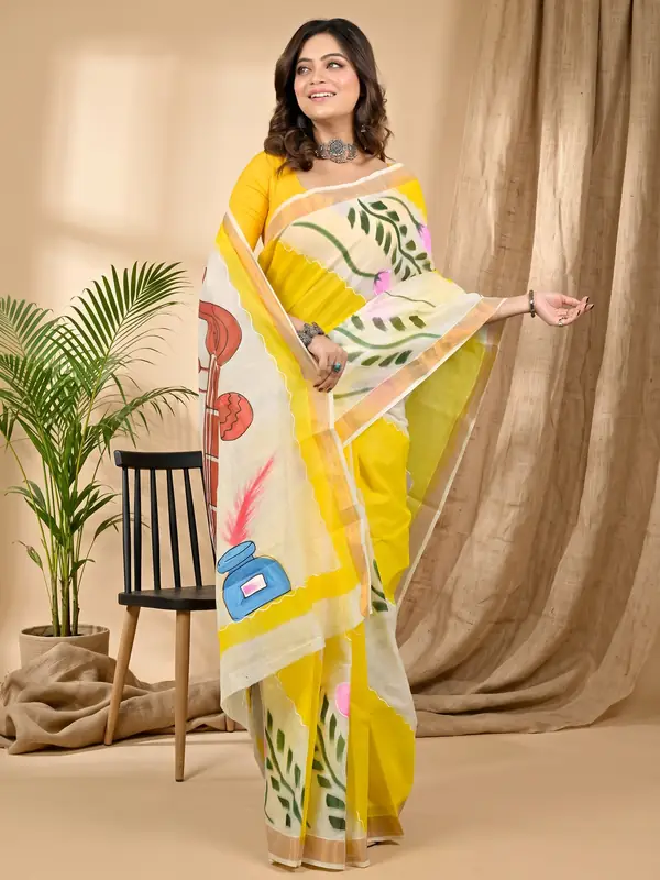 DipDiya Pure Cotton Yellow Hataka Timeless Bengals Hand Painted Sarees