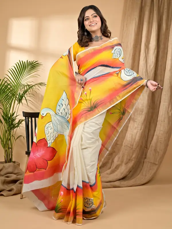 DipDiya Pure Cotton Yellow Hataka Woven by Hands Hand Painted Sarees