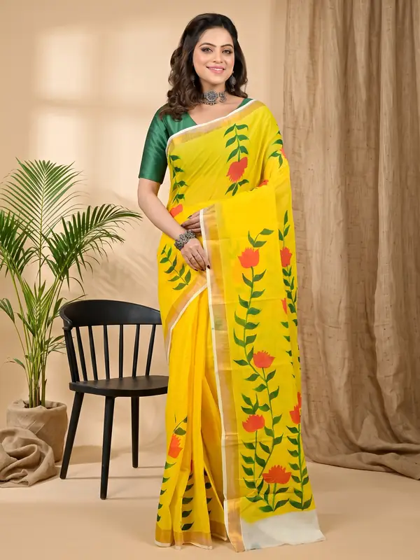 DipDiya Pure Cotton Yellow Hataka Woven with Love Hand Painted Sarees