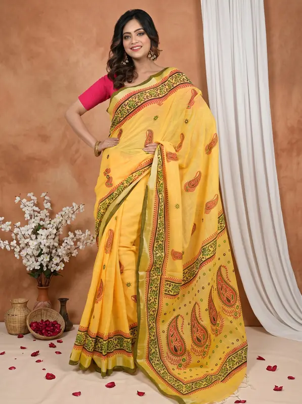 DipDiya Pure Cotton Yellow Hilda Threads of Tradition Printed Handloom Sarees