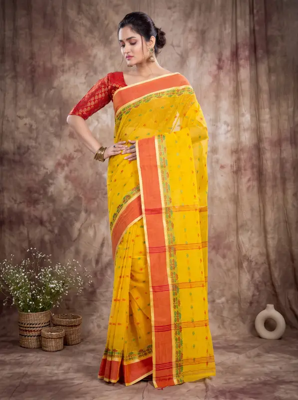DipDiya Pure Cotton Yellow JoraPata Traditional Elegance Tant Sarees