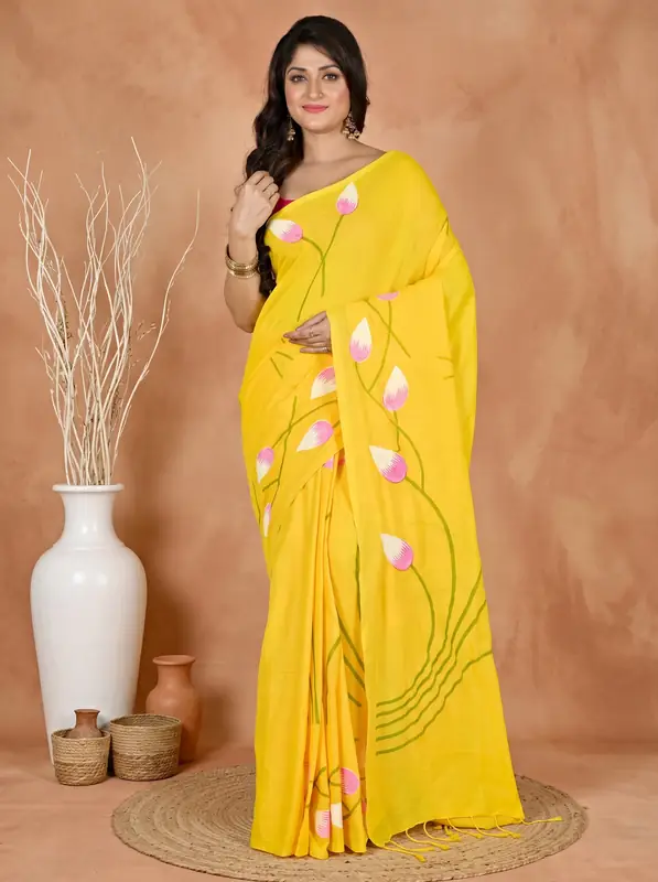 DipDiya Pure Cotton Yellow Kamal Loom to Love Hand Painted Sarees