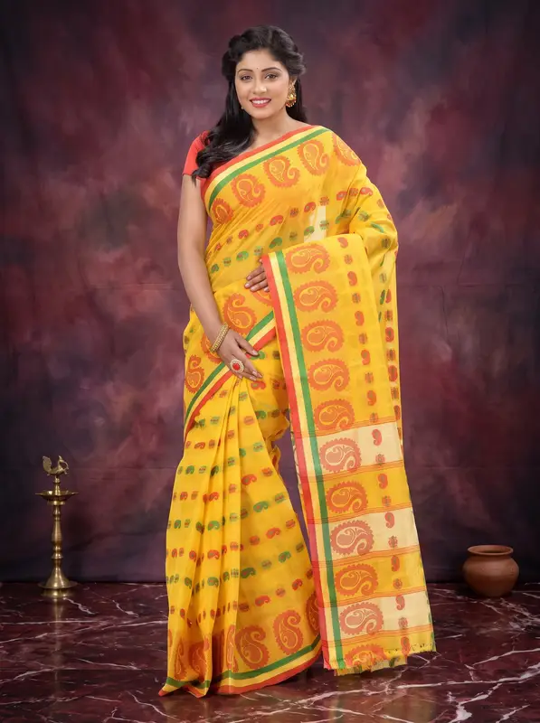 DipDiya Pure Cotton Yellow Kanak Chur Crafted by Artisans Tant Sarees