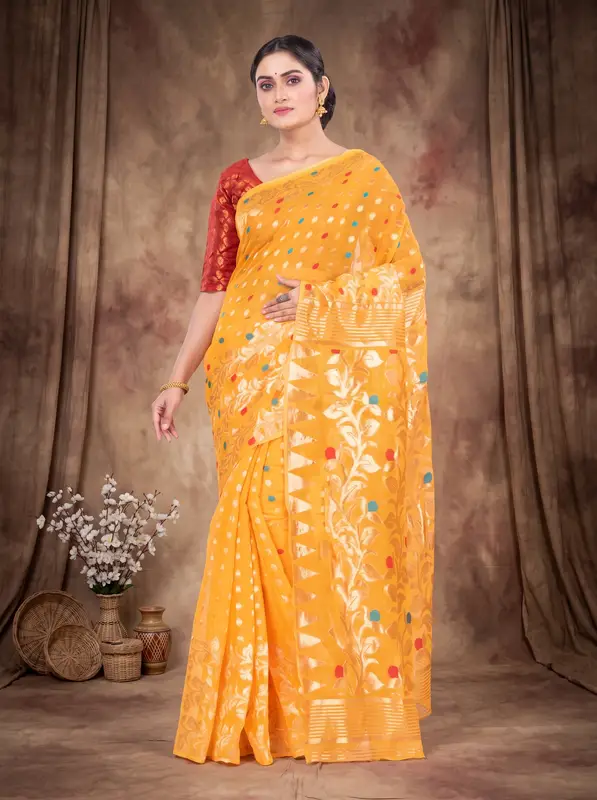 DipDiya Pure Cotton Yellow Lataguti Jmdni Timeless Elegance Jamdani Sarees