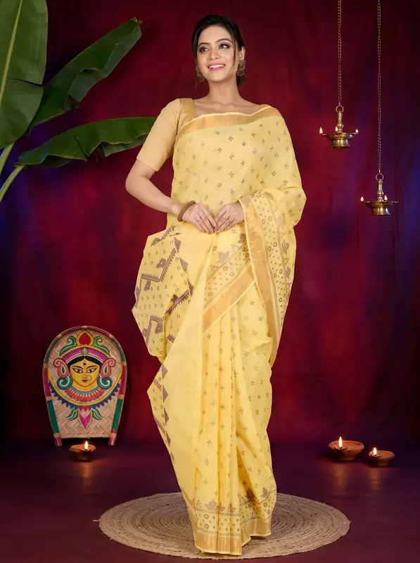 DipDiya Pure Cotton Yellow Luvna Effortless Tradition Printed Tant Sarees