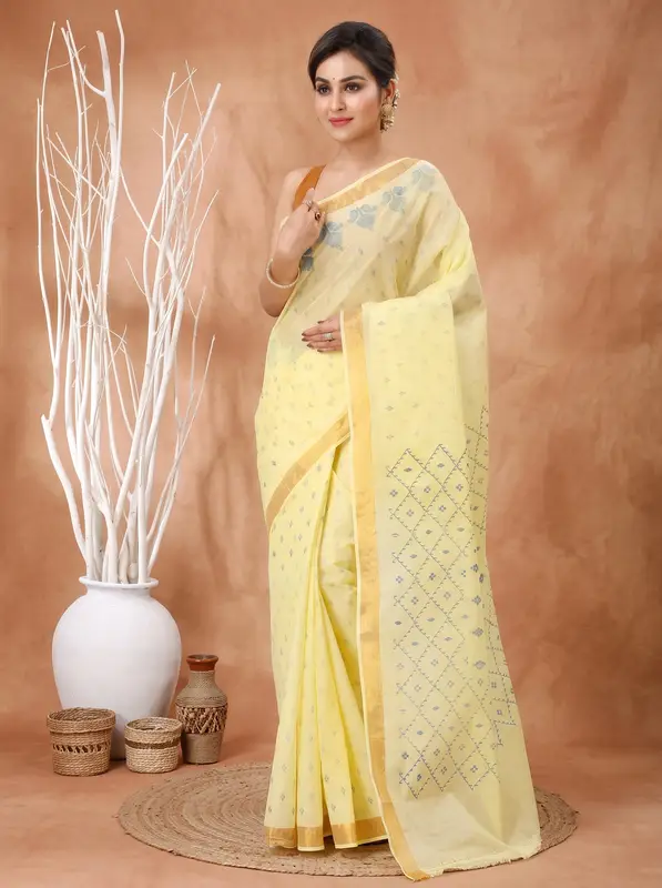 DipDiya Pure Cotton Yellow Luvya Weaves with a Story Printed Tant Sarees