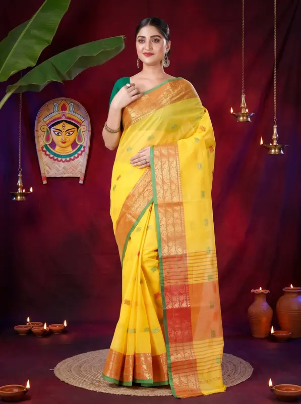 DipDiya Pure Cotton Yellow Manjuri Handloom Heritage Tant Sarees