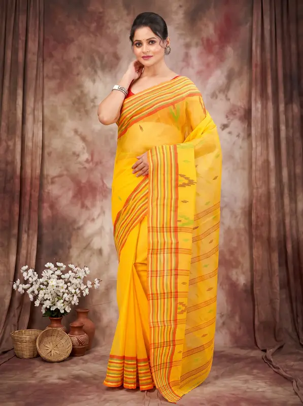 DipDiya Pure Cotton Yellow mena Bengali Heritage Tant Sarees
