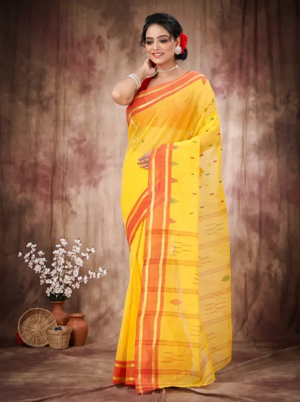DipDiya Pure Cotton Yellow Metu Artisan Woven Tant Sarees
