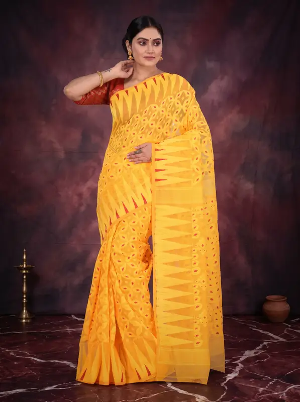 DipDiya Pure Cotton Yellow Minakari Jmdni Weaves with a Story Jamdani Sarees