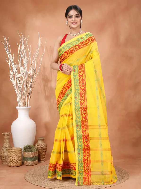 DipDiya Pure Cotton Yellow Moti Ankit Pure Bengali Grace Tant Sarees