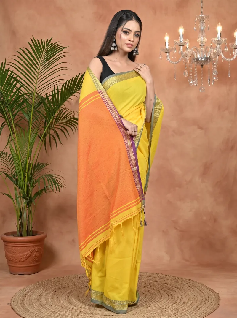 DipDiya Pure Cotton Yellow Nopra Bengal in Every Thread Handloom Sarees