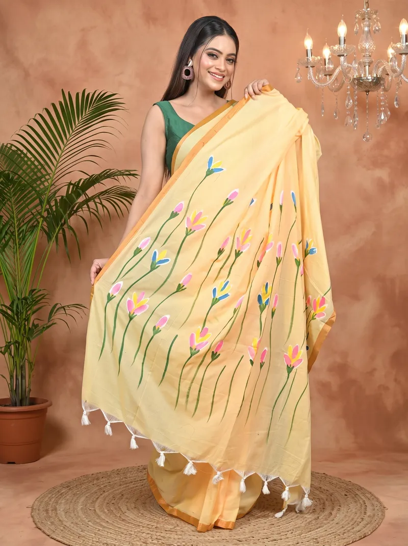 DipDiya Pure Cotton Yellow Norah Elegance in Every Weave Hand Painted Sarees