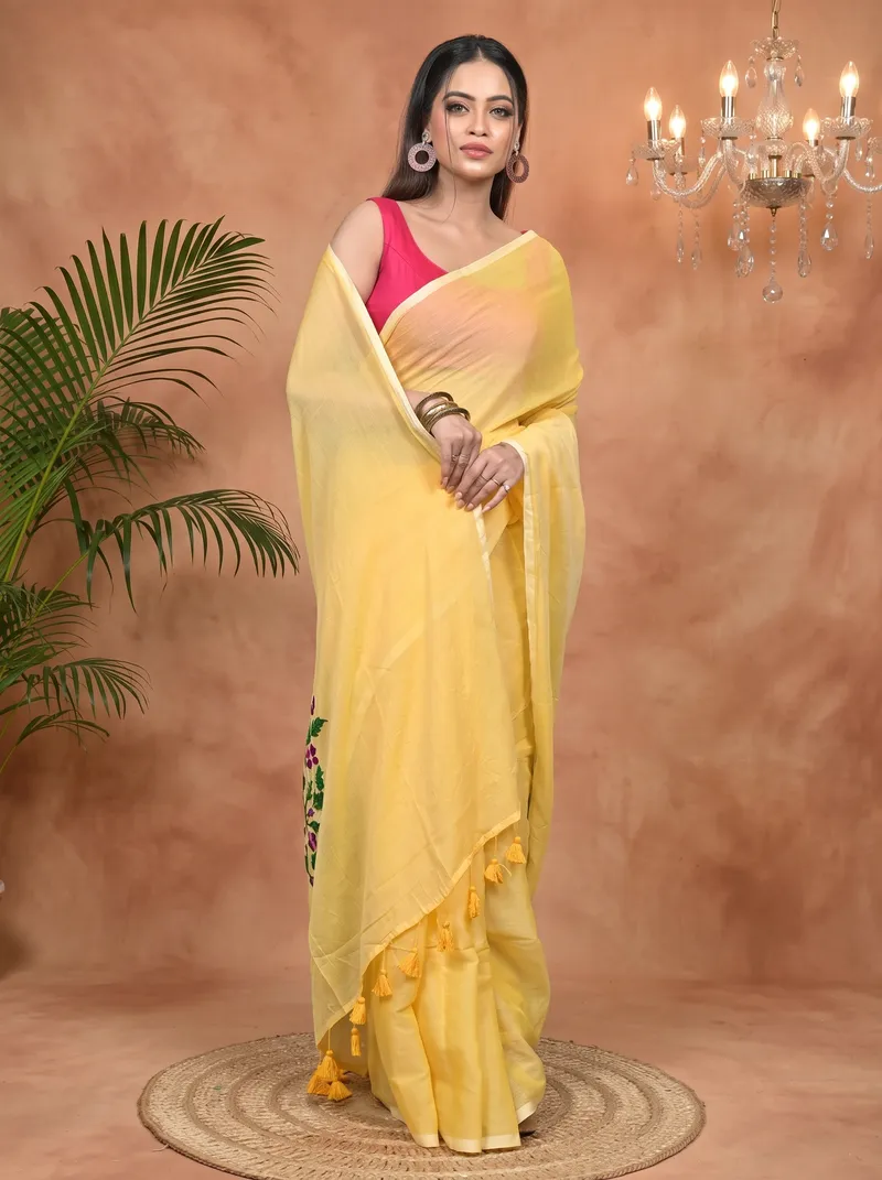 DipDiya Pure Cotton Yellow Norika Grace of Bengal Hand Painted Sarees
