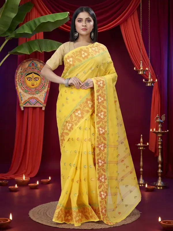 DipDiya Pure Cotton Yellow Numan Masterfully Woven Tant Sarees