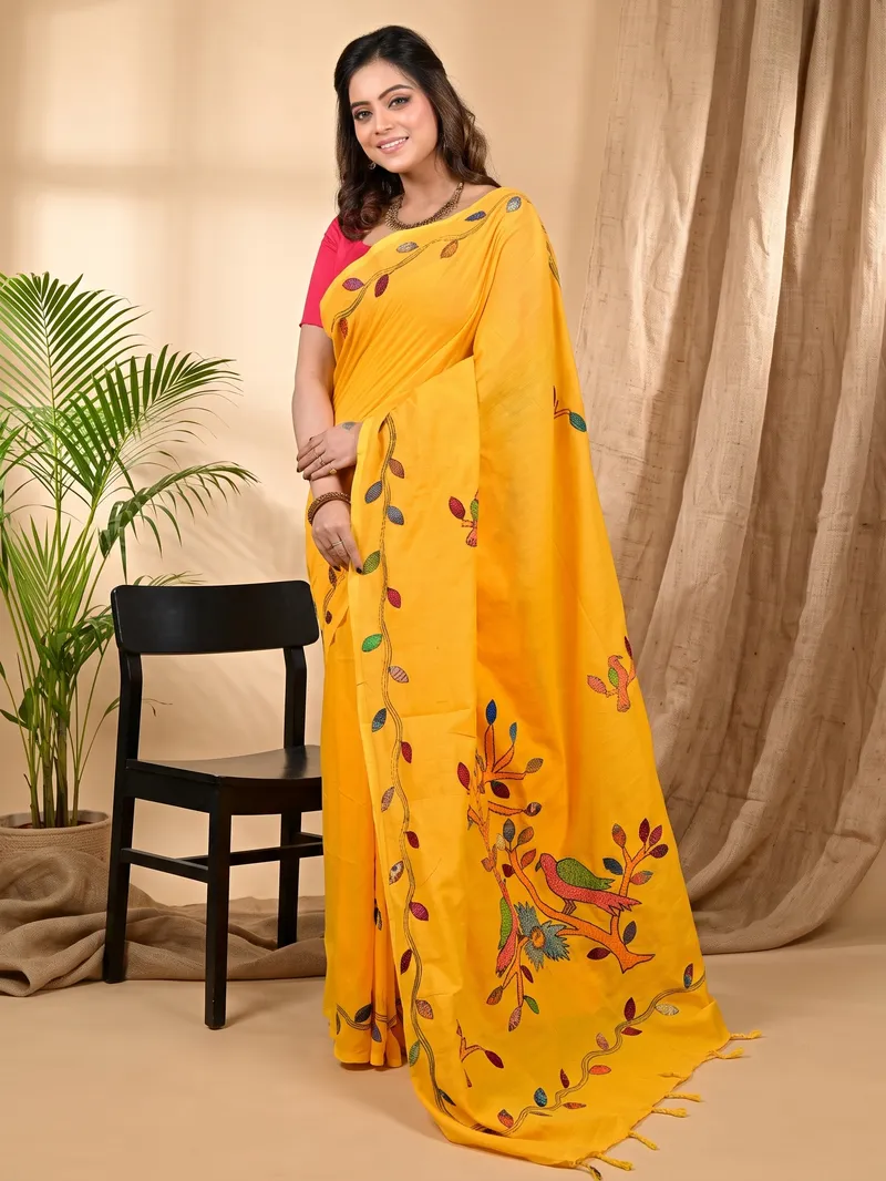 DipDiya Pure Cotton Yellow Pakhi Masterfully Woven Kantha Stitch Sarees