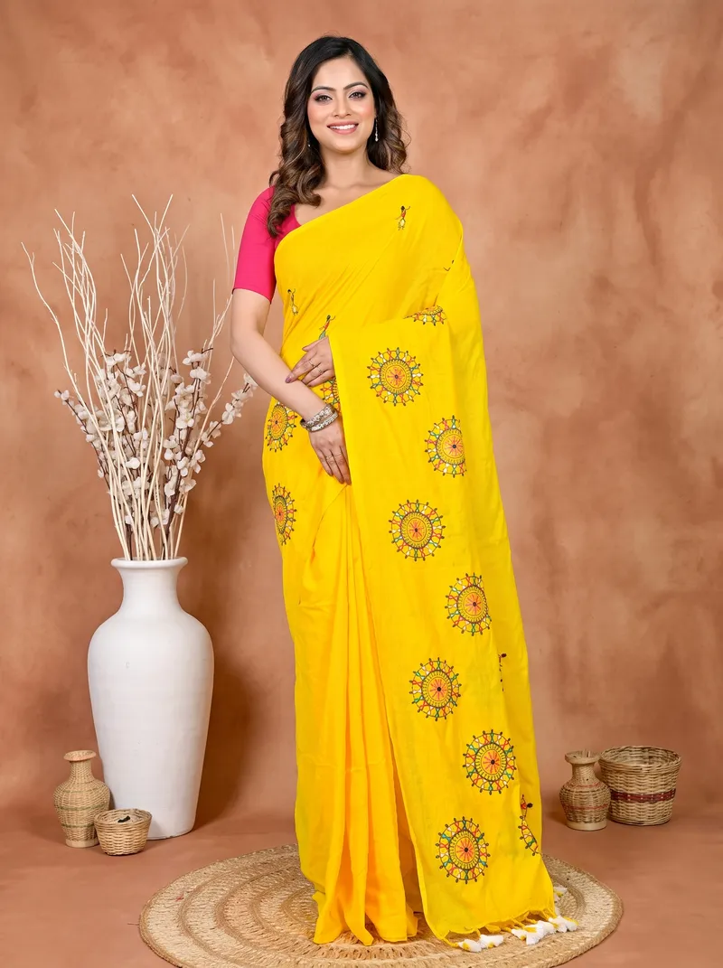 DipDiya Pure Cotton Yellow Parama Rooted in Bengal Embroidery Handloom sarees