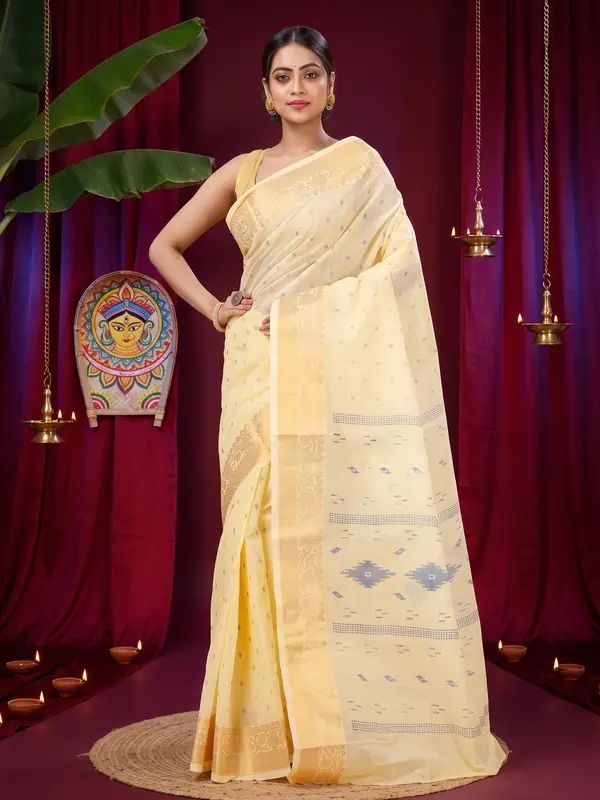DipDiya Pure Cotton Yellow Purvi Handcrafted Elegance Printed Tant Sarees