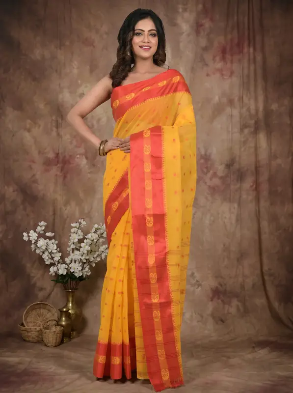 DipDiya Pure Cotton Yellow Red Achma Artisan Crafted Tant Sarees