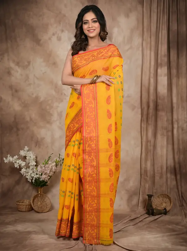 DipDiya Pure Cotton Yellow Red Achrol Timeless Elegance Tant Sarees