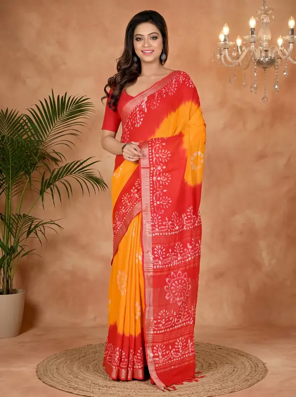 DipDiya Pure Cotton Yellow Red Batika Crafted by Artisans Batik Print Sarees