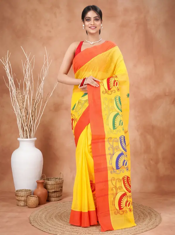 DipDiya Pure Cotton Yellow Red Embi Elu Ghot Bengal in Every Thread Embroidery Tant Sarees