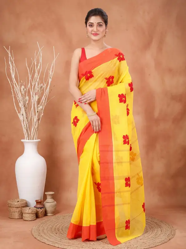 DipDiya Pure Cotton Yellow Red Embi Elu Joba Crafted with Soul Embroidery Tant Sarees