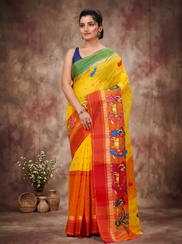 DipDiya Pure Cotton Yellow Red Embi Ganga Agri Rooted in Bengal Embroidery Tant Sarees