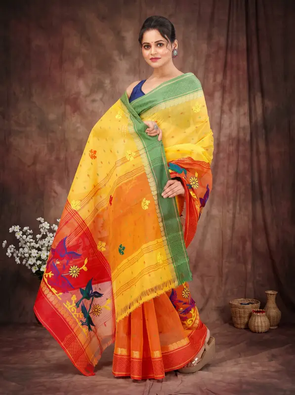 DipDiya Pure Cotton Yellow Red Embi Ganga Bok Woven with Tradition Embroidery Tant Sarees
