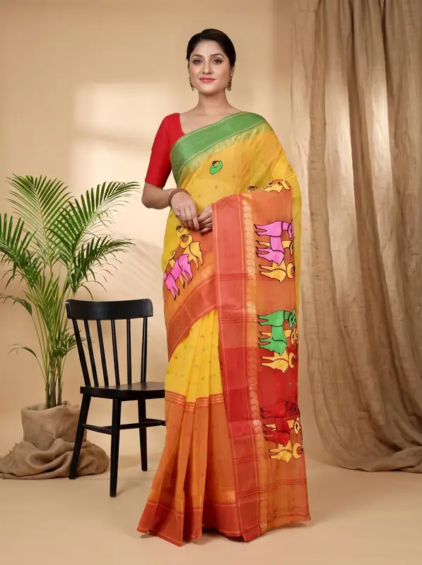 DipDiya Pure Cotton Yellow Red Embi Ganga Indra Woven by Hand Embroidery Tant Sarees