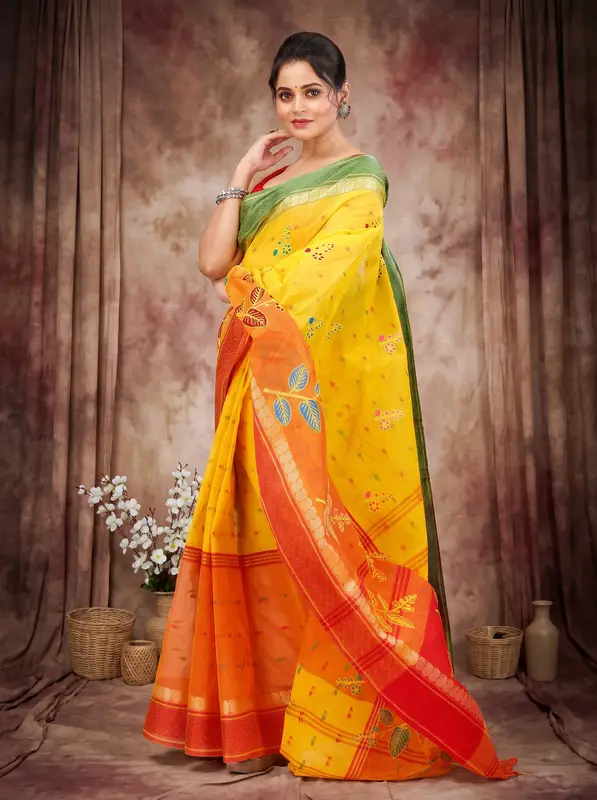 DipDiya Pure Cotton Yellow Red Embi Ganga Pata Artisan Crafted Embroidery Tant Sarees