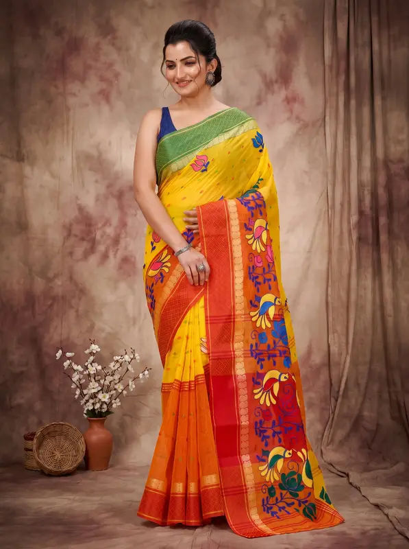 DipDiya Pure Cotton Yellow Red Embi Ganga Sib The Bengali Classic Embroidery Tant Sarees