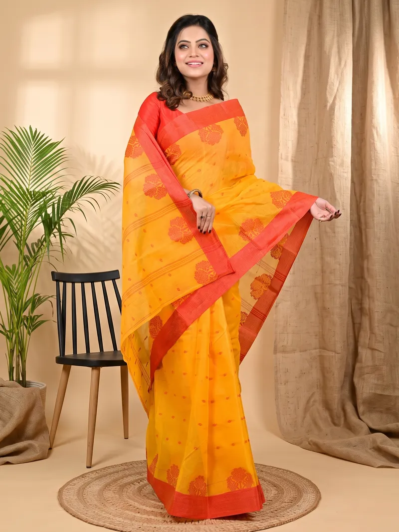 DipDiya Pure Cotton Yellow Red Fipani Weaves with a Story Tant Sarees
