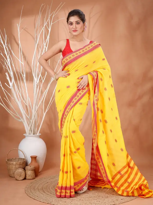 DipDiya Pure Cotton Yellow Red Guti Hand Effortless Tradition Handloom Sarees