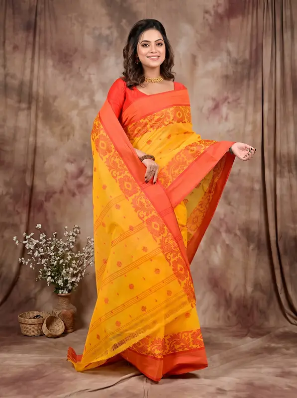 DipDiya Pure Cotton Yellow Red Heruka Heritage You Can Wear Tant Sarees