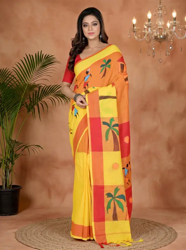 DipDiya Pure Cotton Yellow Red Khadaka Kousiki Grace of Bengal Hand Painted Sarees