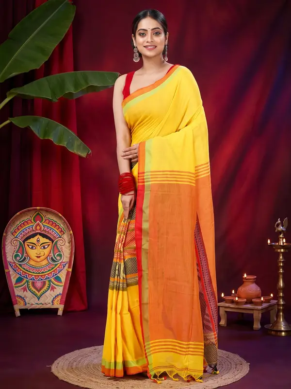 DipDiya Pure Cotton Yellow Red Marine Wrapped in Heritage Handloom Sarees