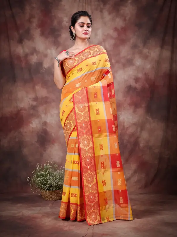 DipDiya Pure Cotton Yellow Red RajSahi Stories of Bengal Tant Sarees